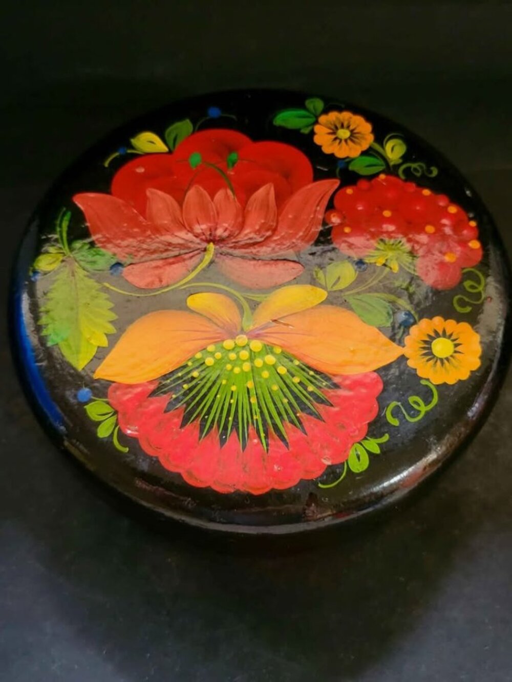 Vintage Ukrainian Trinket Box Petrykivka Style Hand-Painted Floral Lacquer Art